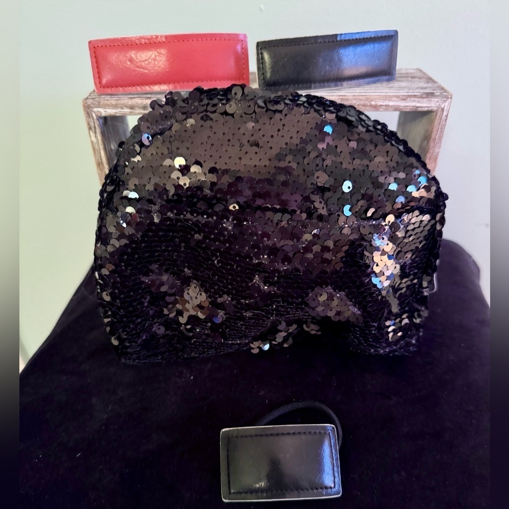 NWT NOBO black sequined bag & genuine leather hair accessories in red & black
